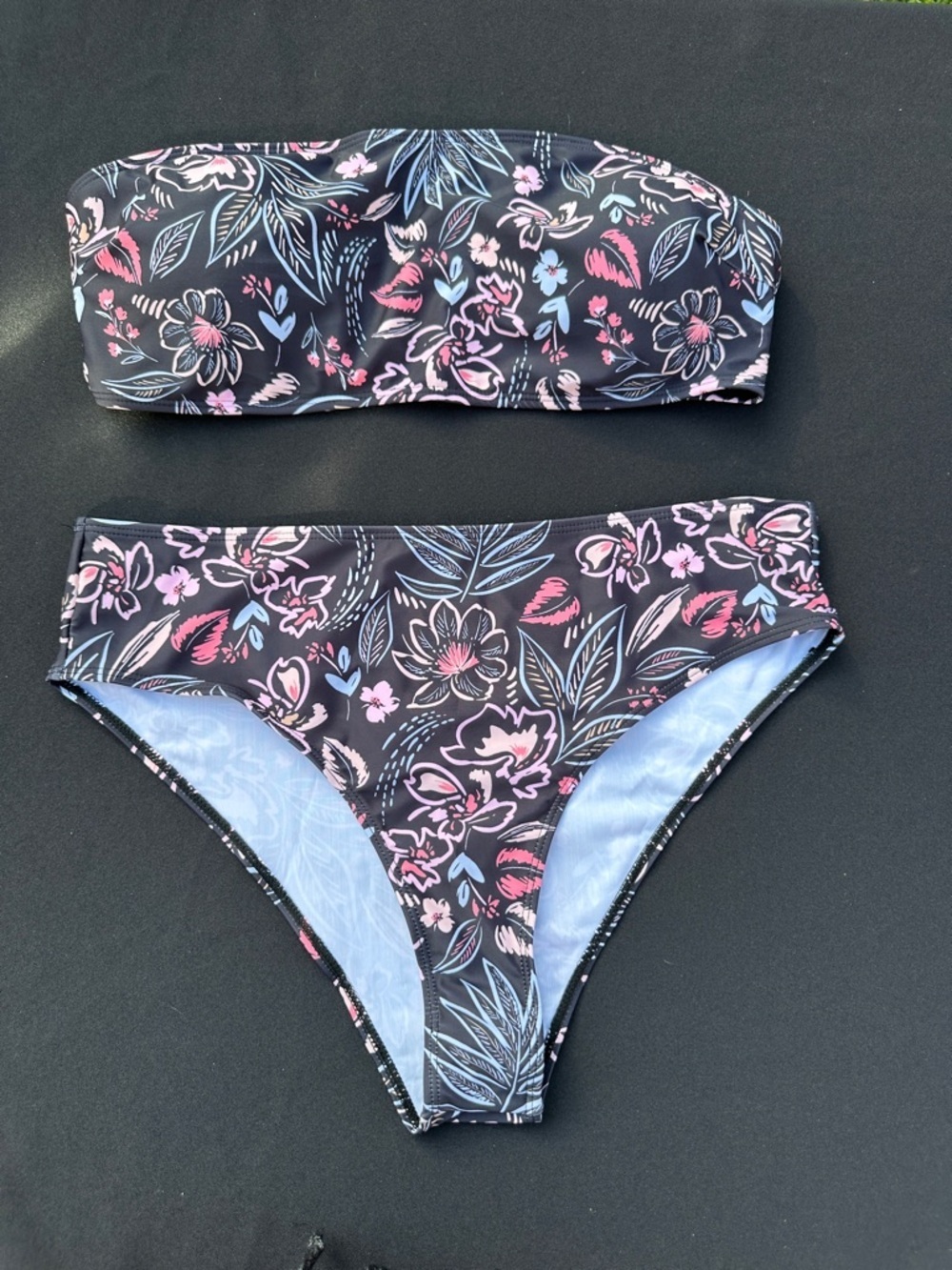 Floral Bandeau Bikini Set XXL High Cut Bottoms Black Pink Blue Swim